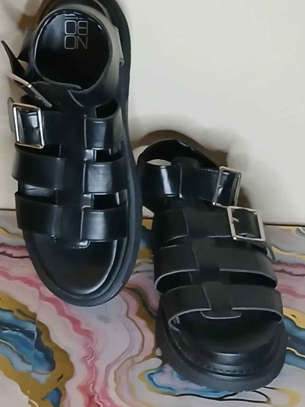Chunky Black Strappy Gladiator Fisherman Sandals Silver Buckle